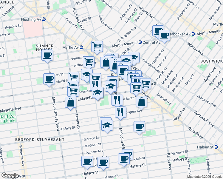 map of restaurants, bars, coffee shops, grocery stores, and more near 117 Stuyvesant Avenue in Brooklyn