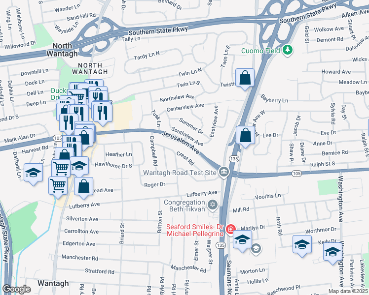 map of restaurants, bars, coffee shops, grocery stores, and more near 3655 Crest Road in Wantagh