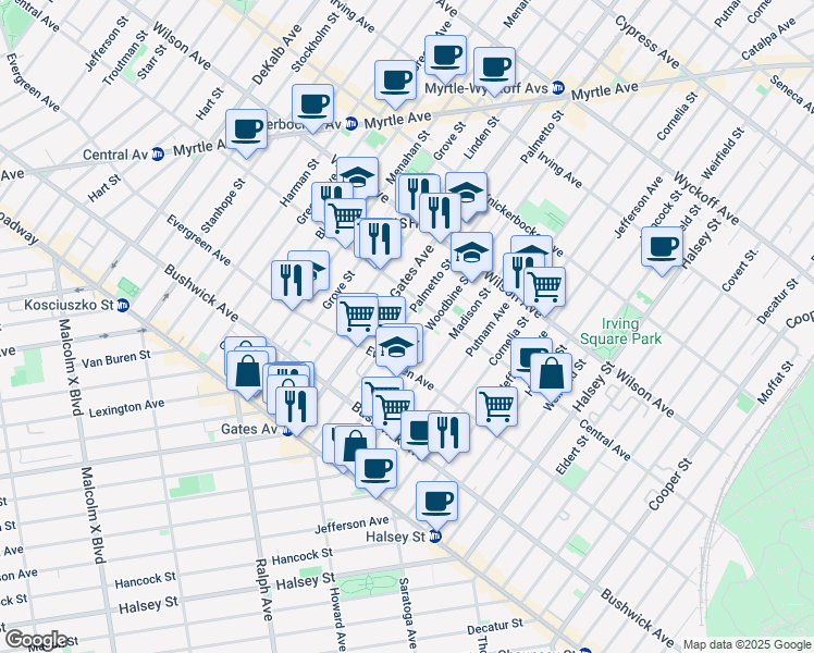 map of restaurants, bars, coffee shops, grocery stores, and more near 122 Woodbine Street in Brooklyn