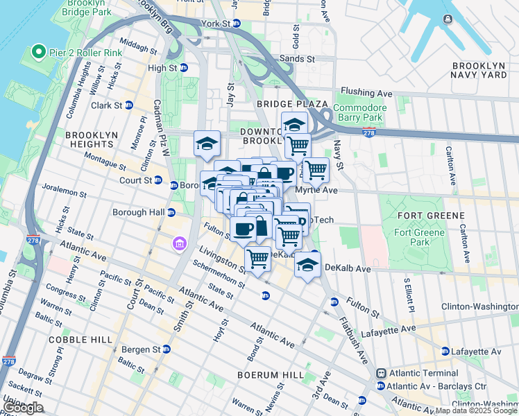 map of restaurants, bars, coffee shops, grocery stores, and more near 365 Bridge Street in Brooklyn