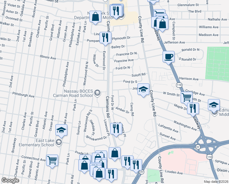 map of restaurants, bars, coffee shops, grocery stores, and more near 1 North Gate in Massapequa