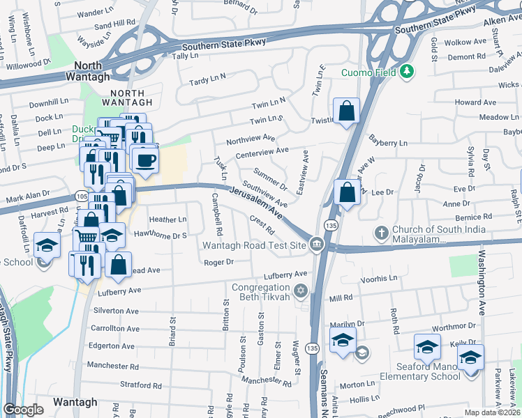 map of restaurants, bars, coffee shops, grocery stores, and more near 3655 Crest Road in Wantagh