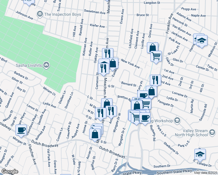 map of restaurants, bars, coffee shops, grocery stores, and more near 578 Rye Court in Valley Stream