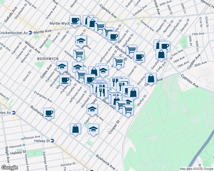 map of restaurants, bars, coffee shops, grocery stores, and more near 273 Eldert Street in Brooklyn