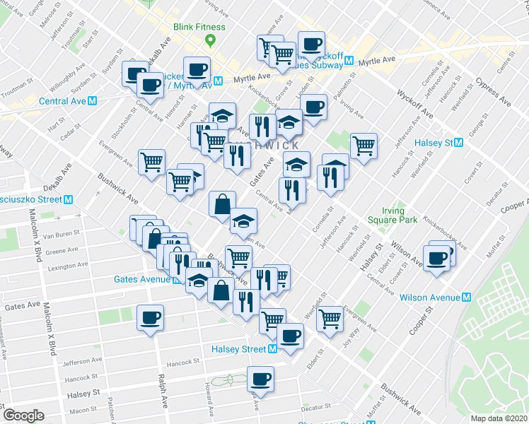 map of restaurants, bars, coffee shops, grocery stores, and more near 122 Woodbine Street in Brooklyn