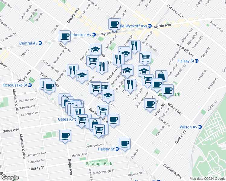 map of restaurants, bars, coffee shops, grocery stores, and more near 122 Woodbine Street in Brooklyn