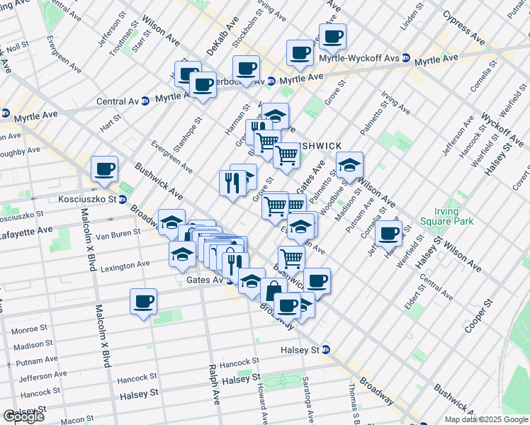 map of restaurants, bars, coffee shops, grocery stores, and more near 1179 Gates Avenue in Brooklyn