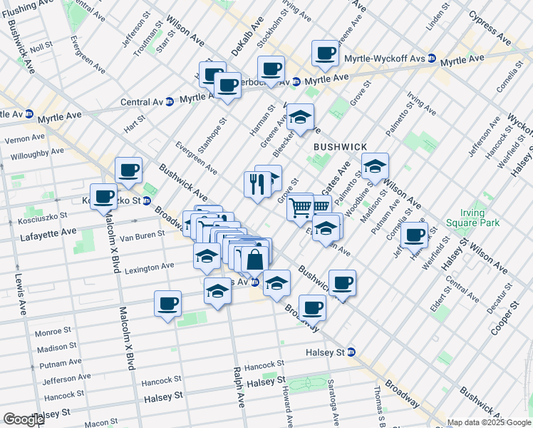 map of restaurants, bars, coffee shops, grocery stores, and more near 68 Grove Street in Brooklyn