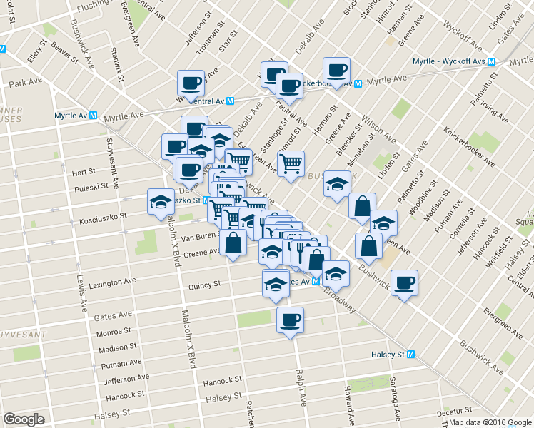 map of restaurants, bars, coffee shops, grocery stores, and more near 13 Goodwin Place in Brooklyn