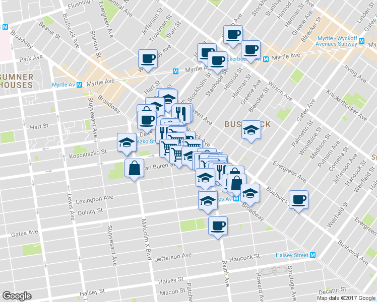 map of restaurants, bars, coffee shops, grocery stores, and more near in Brooklyn