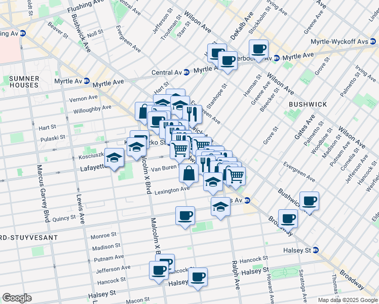 map of restaurants, bars, coffee shops, grocery stores, and more near 1164 Broadway in Brooklyn