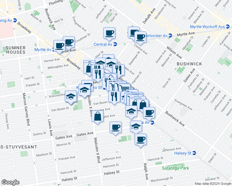 map of restaurants, bars, coffee shops, grocery stores, and more near 1164 Broadway in Brooklyn