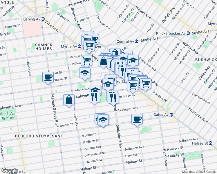 map of restaurants, bars, coffee shops, grocery stores, and more near 117 Stuyvesant Avenue in Brooklyn