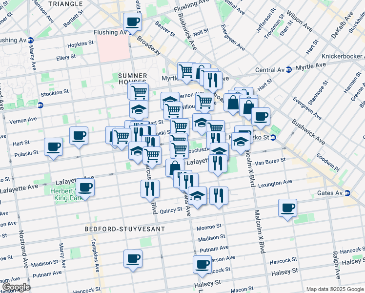 map of restaurants, bars, coffee shops, grocery stores, and more near 143 Lewis Avenue in Brooklyn
