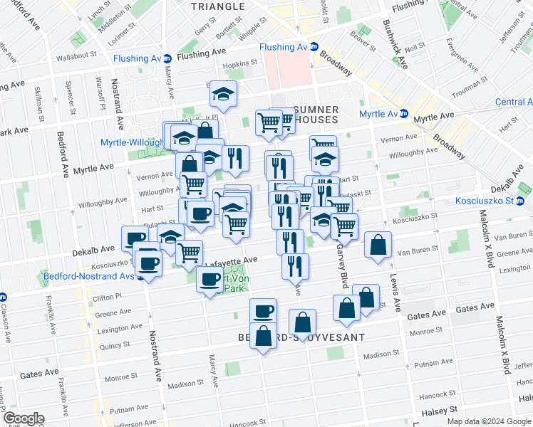 map of restaurants, bars, coffee shops, grocery stores, and more near 804 Dekalb Avenue in Brooklyn