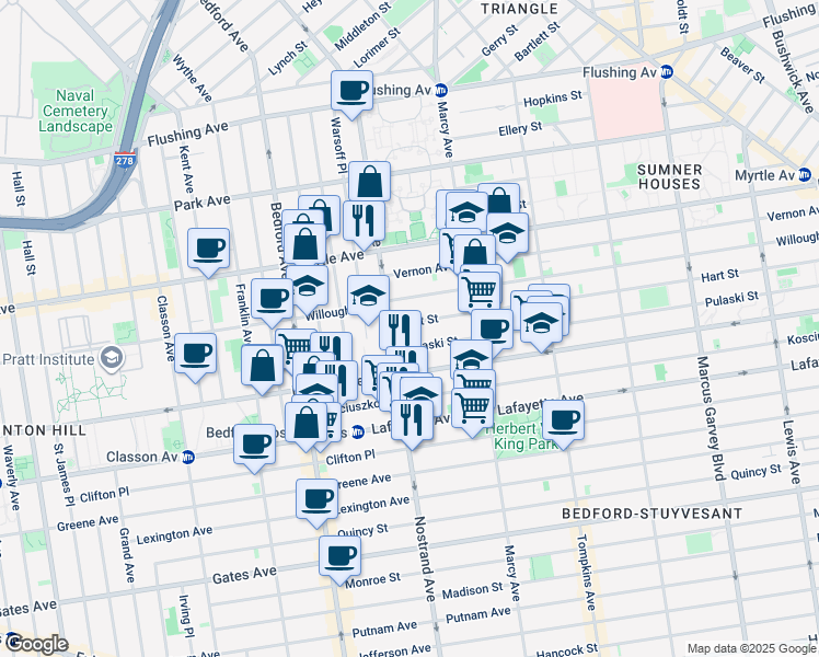 map of restaurants, bars, coffee shops, grocery stores, and more near 207 Nostrand Avenue in Brooklyn