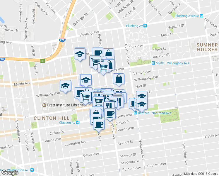 map of restaurants, bars, coffee shops, grocery stores, and more near 954 Bedford Avenue in Brooklyn