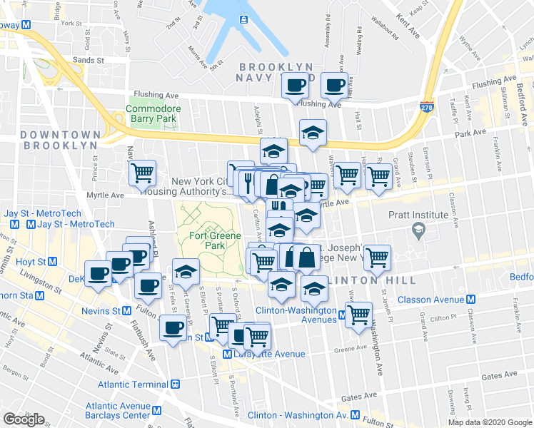 map of restaurants, bars, coffee shops, grocery stores, and more near 191 Carlton Avenue in Brooklyn