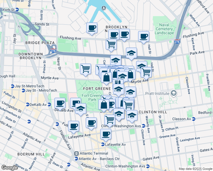 map of restaurants, bars, coffee shops, grocery stores, and more near 191 Carlton Avenue in Brooklyn