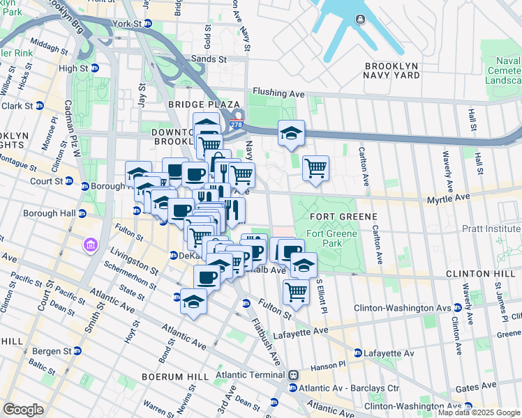 map of restaurants, bars, coffee shops, grocery stores, and more near 196 Willoughby Street in Brooklyn