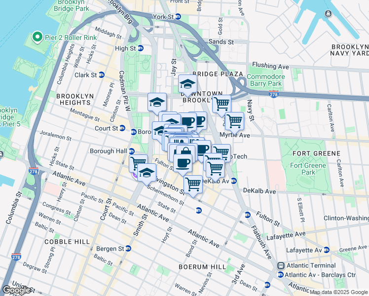 map of restaurants, bars, coffee shops, grocery stores, and more near 111 Lawrence Street in Brooklyn