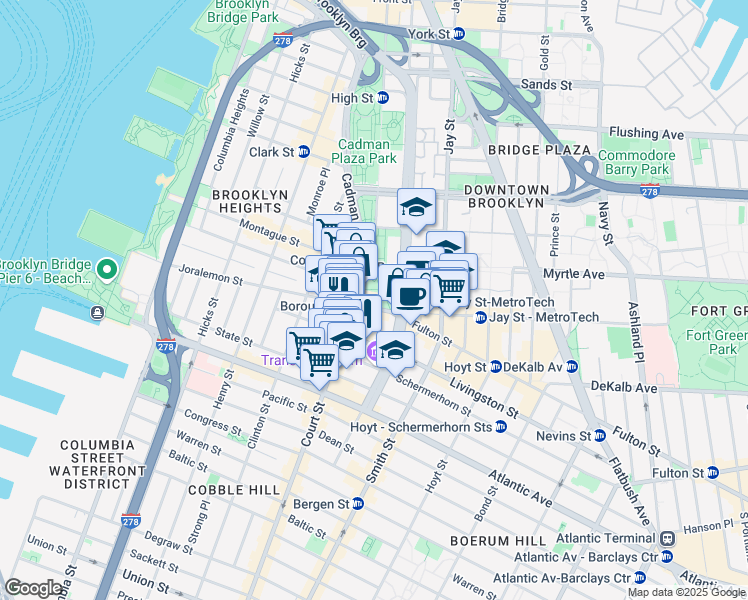 map of restaurants, bars, coffee shops, grocery stores, and more near 210 Joralemon Street in Brooklyn