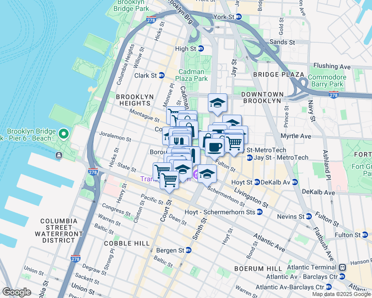 map of restaurants, bars, coffee shops, grocery stores, and more near 55 Court Street in Brooklyn