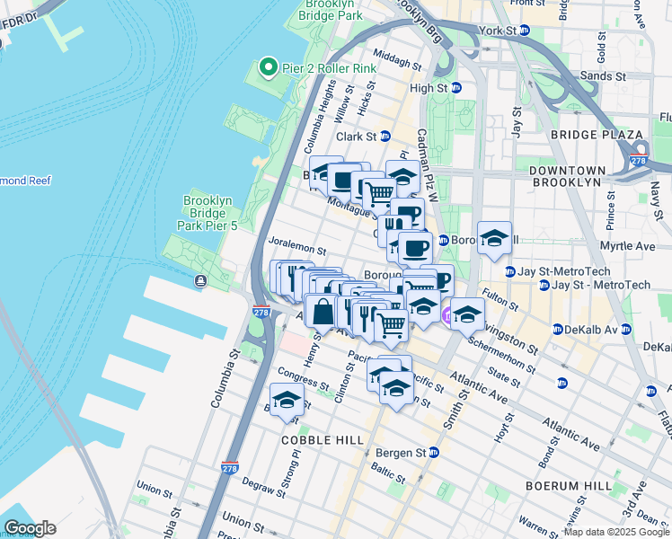 map of restaurants, bars, coffee shops, grocery stores, and more near 38 Sidney Place in Brooklyn