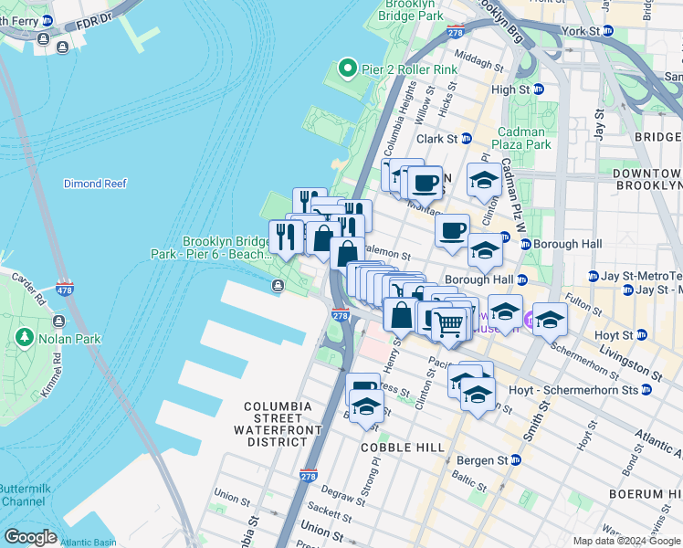 map of restaurants, bars, coffee shops, grocery stores, and more near 53 Atlantic Avenue in Brooklyn