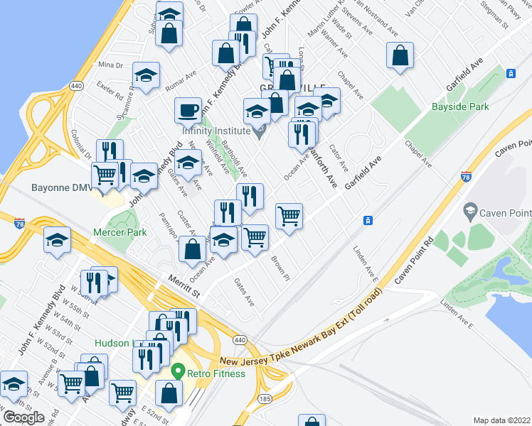 map of restaurants, bars, coffee shops, grocery stores, and more near 87 Winfield Avenue in Jersey City
