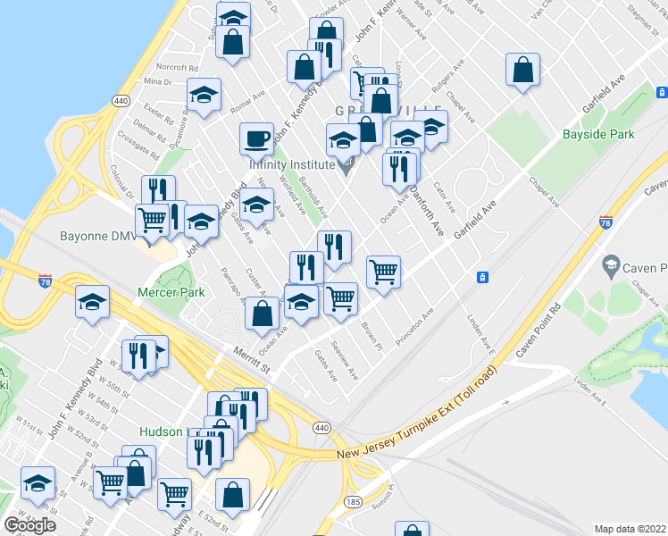 map of restaurants, bars, coffee shops, grocery stores, and more near 87 Winfield Avenue in Jersey City