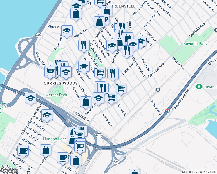 map of restaurants, bars, coffee shops, grocery stores, and more near 87 Winfield Avenue in Jersey City