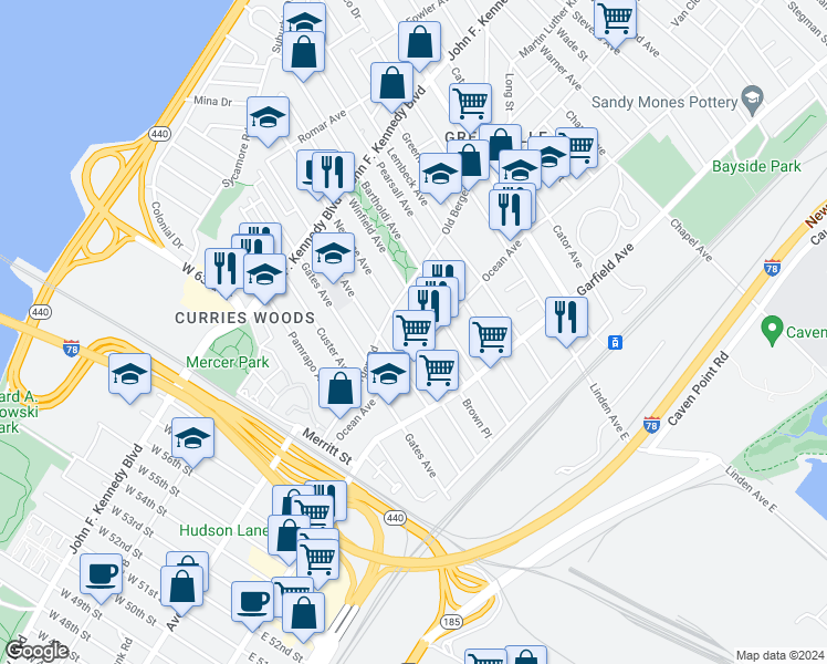 map of restaurants, bars, coffee shops, grocery stores, and more near in Jersey City