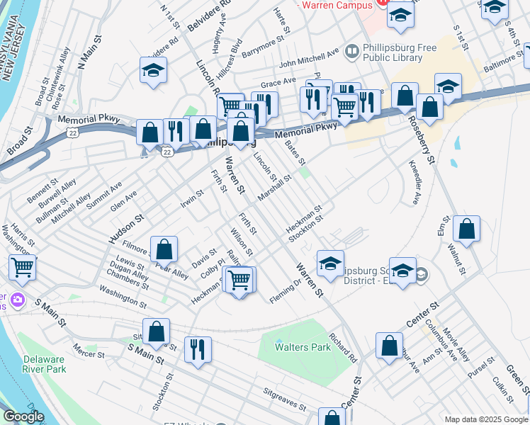 map of restaurants, bars, coffee shops, grocery stores, and more near 355 Firth Street in Phillipsburg