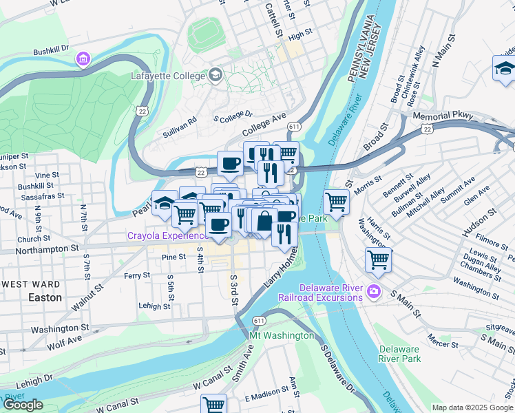 map of restaurants, bars, coffee shops, grocery stores, and more near 27 North 2nd Street in Easton