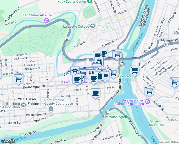 map of restaurants, bars, coffee shops, grocery stores, and more near 24 North 3rd Street in Easton