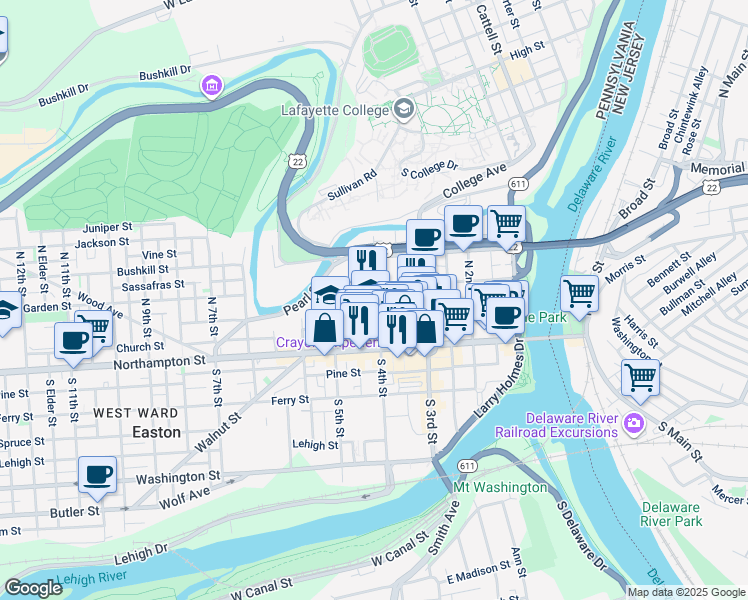map of restaurants, bars, coffee shops, grocery stores, and more near 30 North 4th Street in Easton