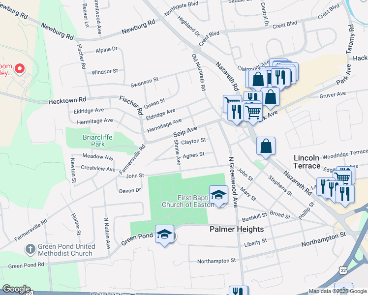 map of restaurants, bars, coffee shops, grocery stores, and more near 2922 Agnes Street in Easton