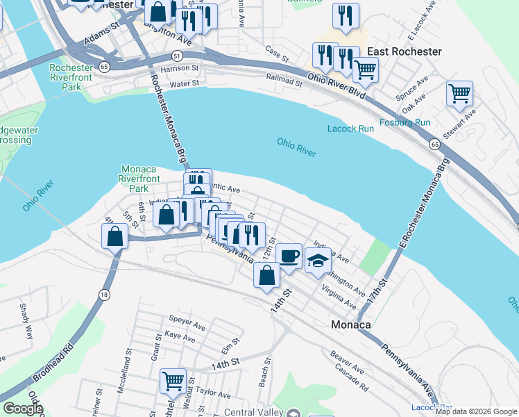 map of restaurants, bars, coffee shops, grocery stores, and more near 1115 Washington Avenue in Monaca