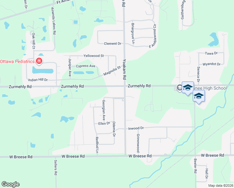 map of restaurants, bars, coffee shops, grocery stores, and more near 3300 Yoakam Rd in Lima