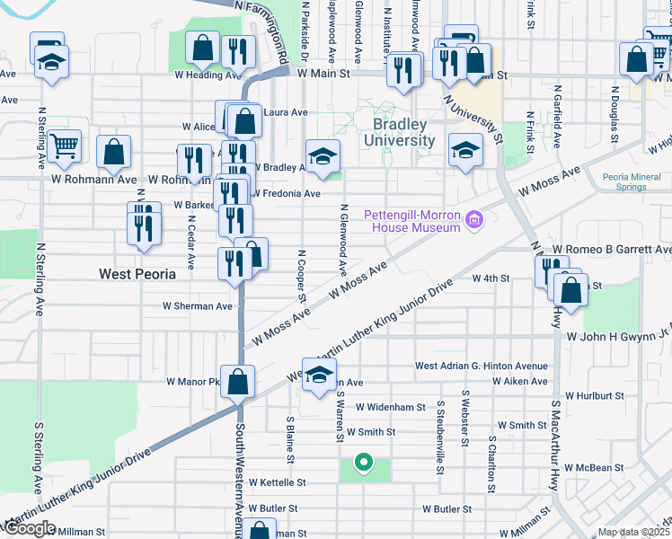 map of restaurants, bars, coffee shops, grocery stores, and more near 1623 West Moss Avenue in Peoria