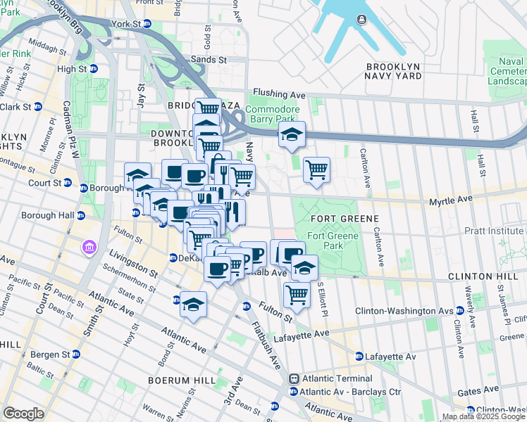 map of restaurants, bars, coffee shops, grocery stores, and more near 122 Ashland Place in Brooklyn