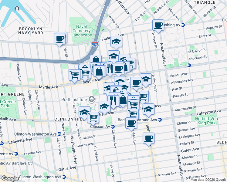 map of restaurants, bars, coffee shops, grocery stores, and more near 204 Taaffe Place in Brooklyn