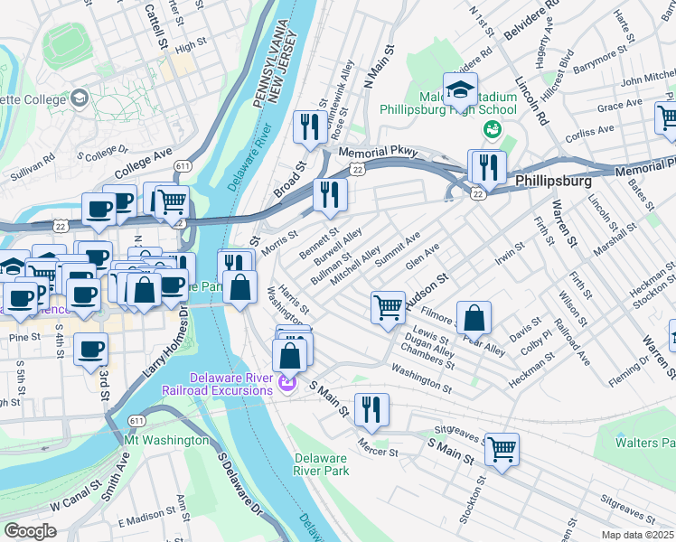 map of restaurants, bars, coffee shops, grocery stores, and more near 88 Bullman Street in Phillipsburg