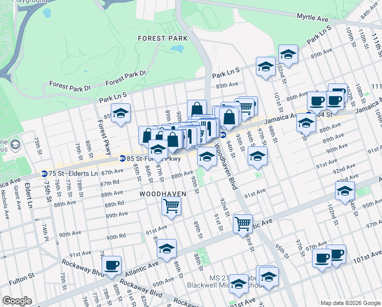 map of restaurants, bars, coffee shops, grocery stores, and more near 90-10 Jamaica Avenue in Queens