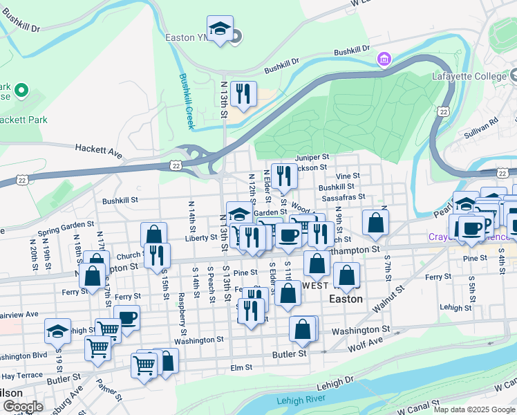 map of restaurants, bars, coffee shops, grocery stores, and more near 1207 Spring Garden Street in Easton