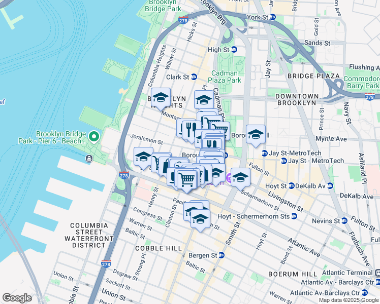 map of restaurants, bars, coffee shops, grocery stores, and more near 142 Joralemon Street in Brooklyn