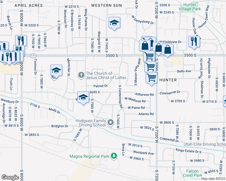 map of restaurants, bars, coffee shops, grocery stores, and more near 7462 Jefferson Road in Magna