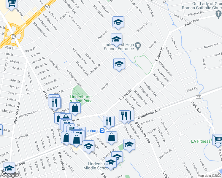 map of restaurants, bars, coffee shops, grocery stores, and more near 237 North Delaware Avenue in Lindenhurst