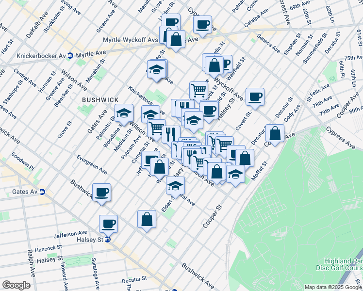 map of restaurants, bars, coffee shops, grocery stores, and more near 567 Wilson Avenue in Brooklyn